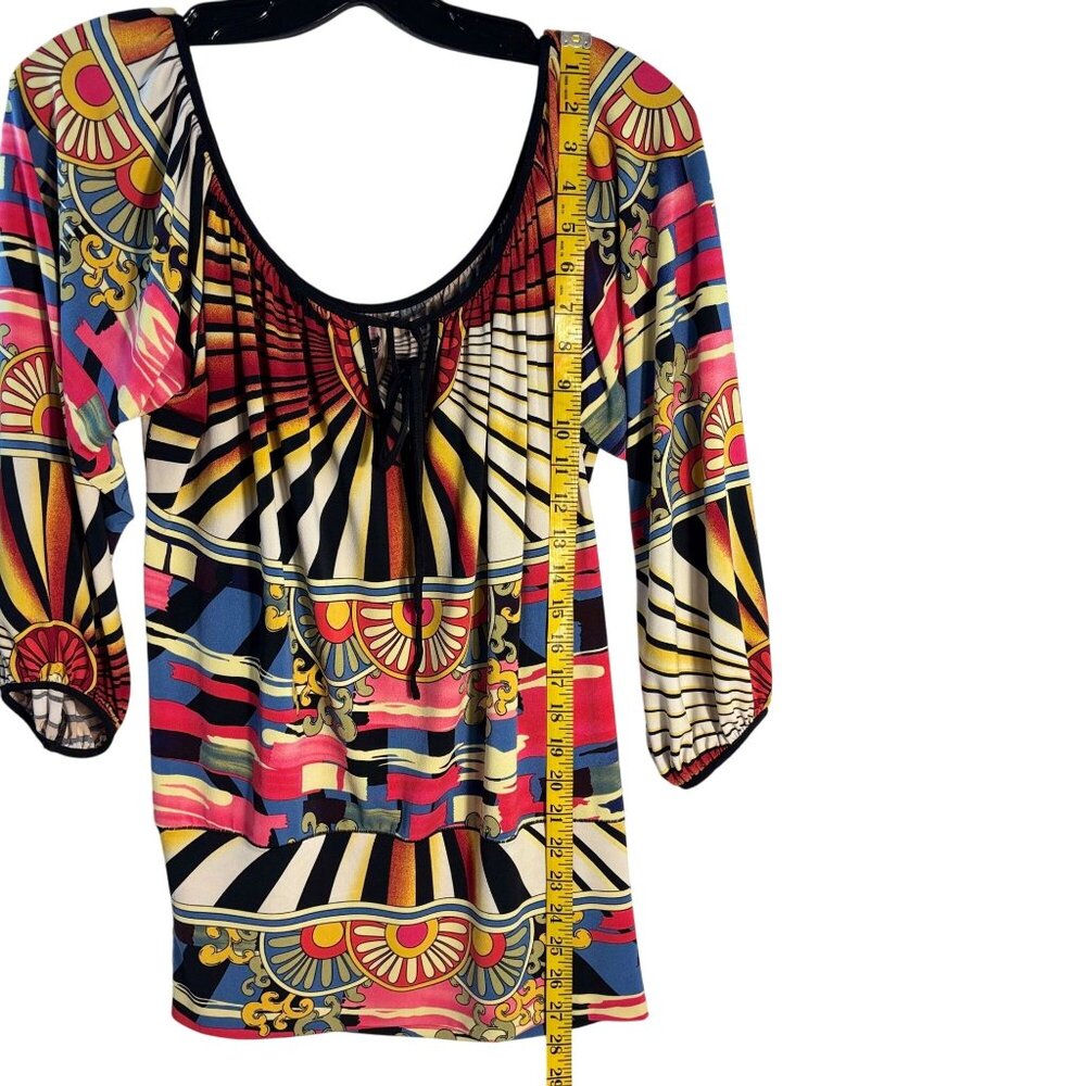 Evovorro Graphic Print Peasant Top Small Multicolor Boho Tunic 3/4 Sleeve - Picture 8 of 11
